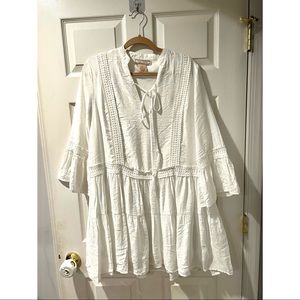 Flying Tomato White Flounce Sleeve Lace Accent Dress